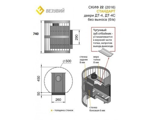 Дровяная печь для бани Везувий Скиф Стандарт 22 (ДТ-4С) без выносного тоннеля 2016